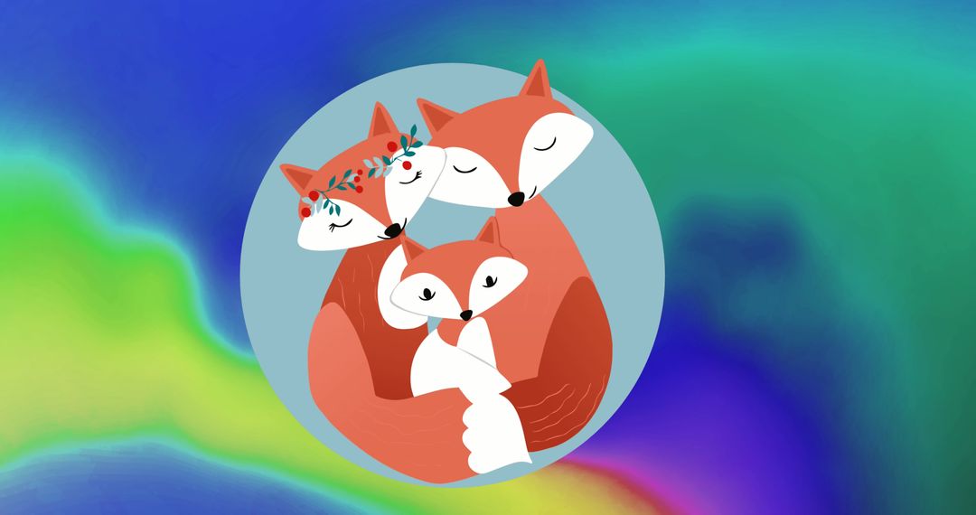 Cute Fox Family Embracing on Colorful Gradient Background