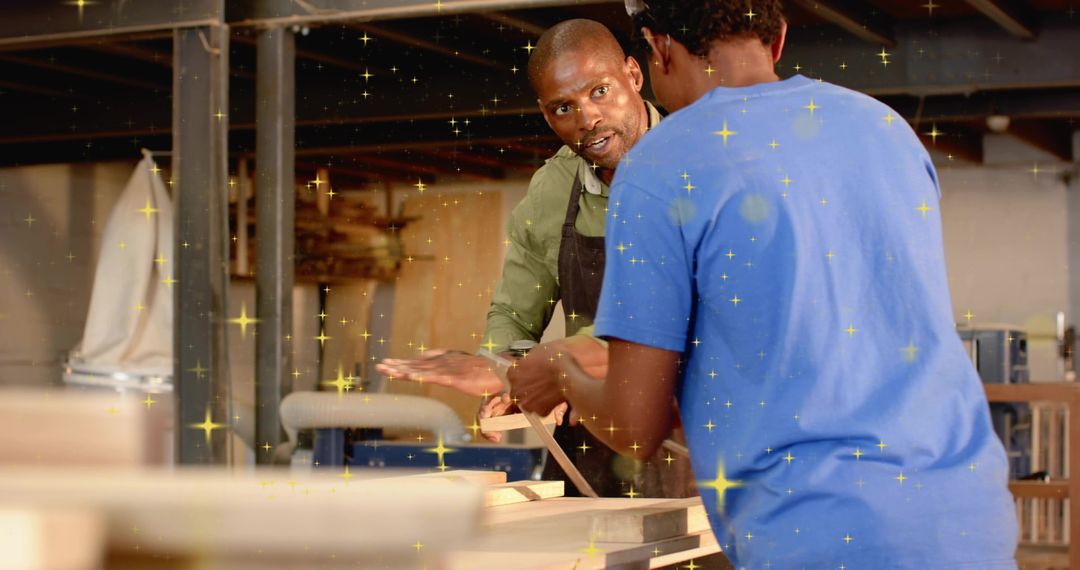 Mentoring Carpenter Guiding Apprentice Planing Wood in Workshop for Skill Development