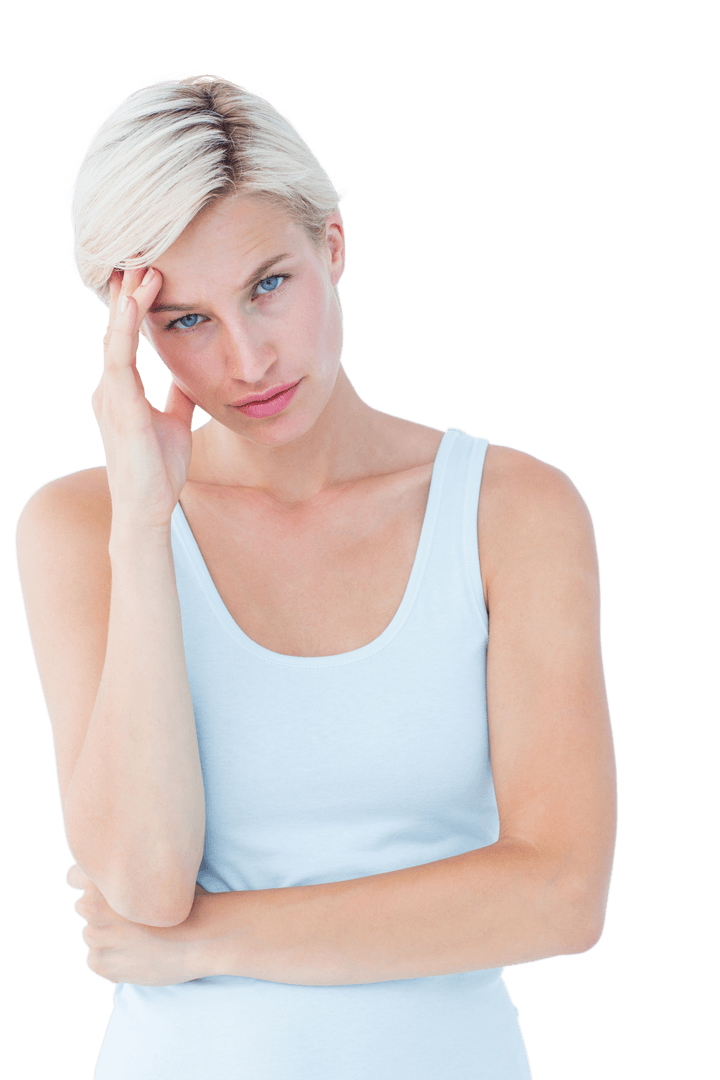 Transparent Image of Blonde Woman Touching Temple in Pain