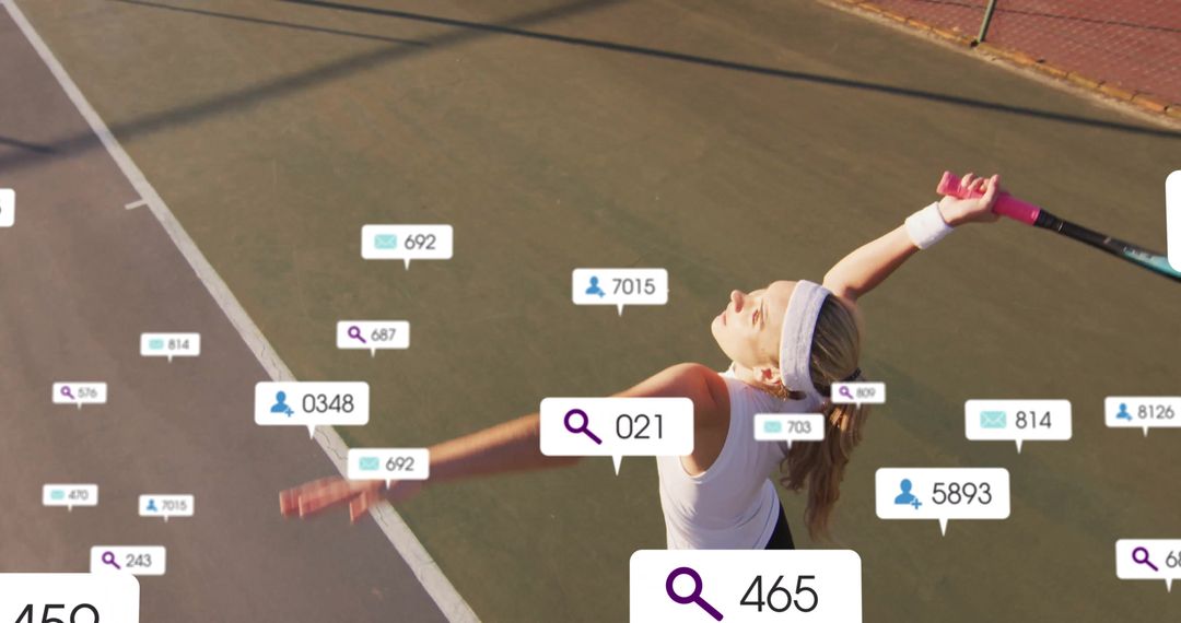 Tennis Player Serving with Digital Icons Surrounded