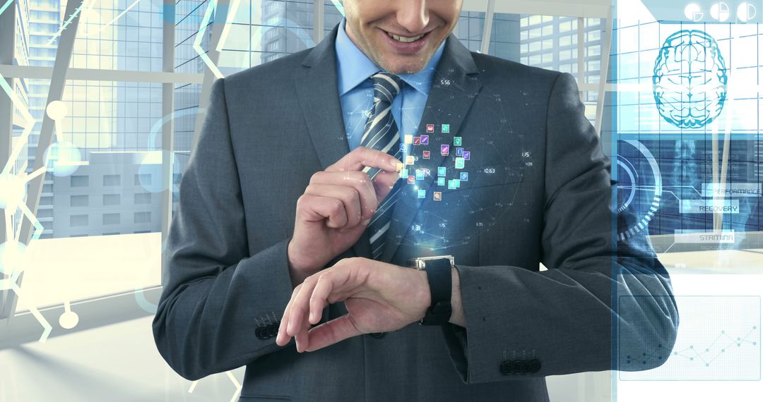 Businessman Interacting With Futuristic Technology Hologram in Office - Free Images, Stock Photos and Pictures on Pikwizard.com