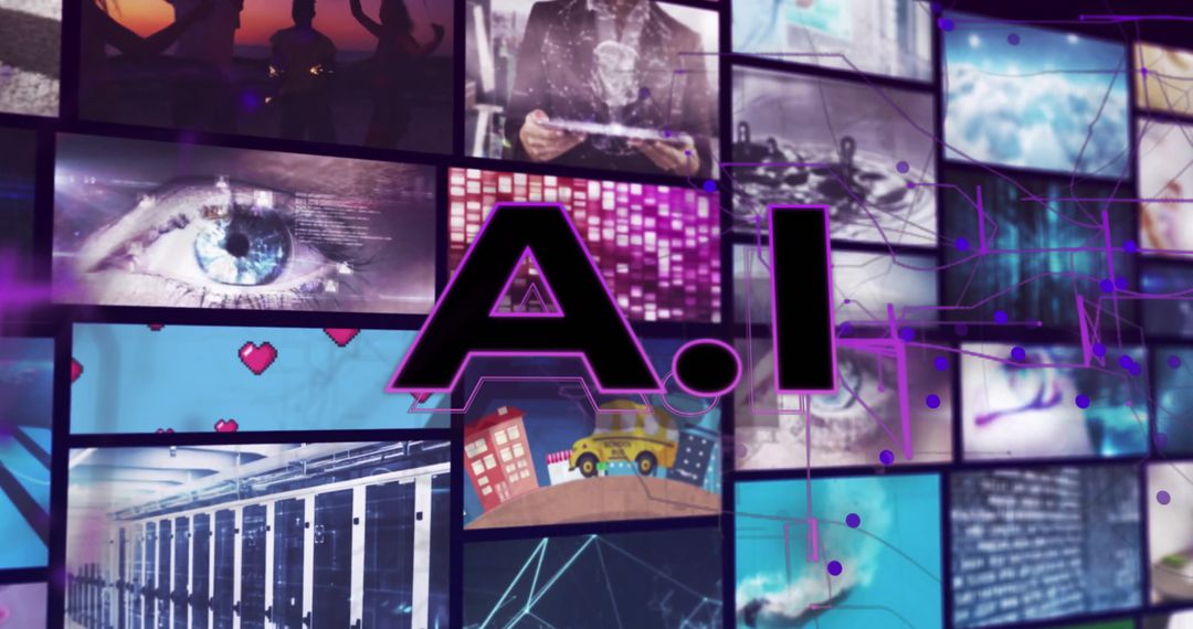 Conceptual AI Display with Digital Interfaces and Imagery