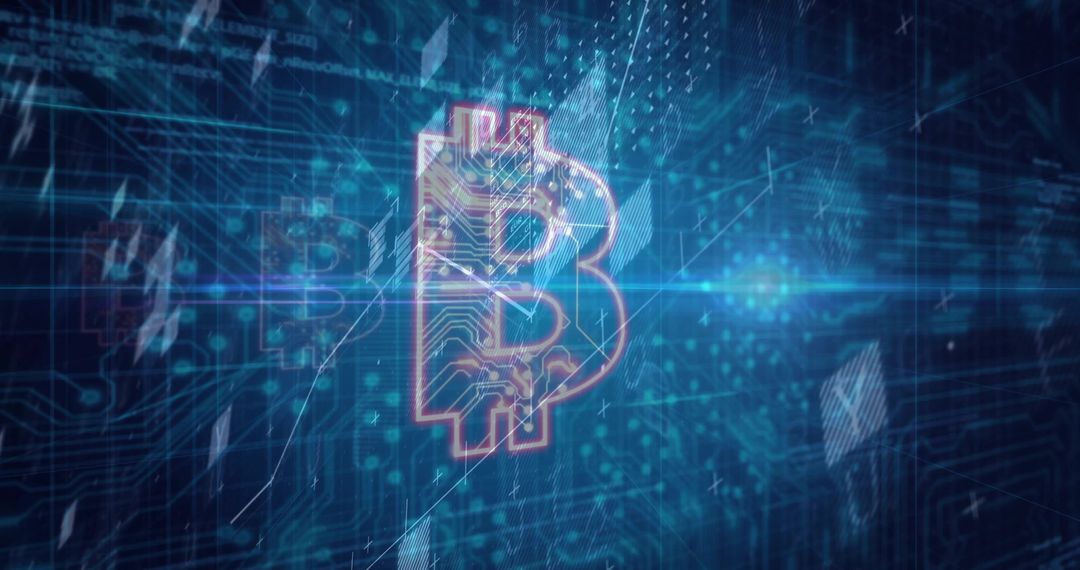 Neon Bitcoin Hologram Floating in Cyber Grid with Circuit Traces and Futuristic Data