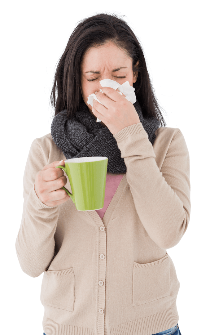 Transparent Sick Woman Blowing Nose with Green Mug in Hand