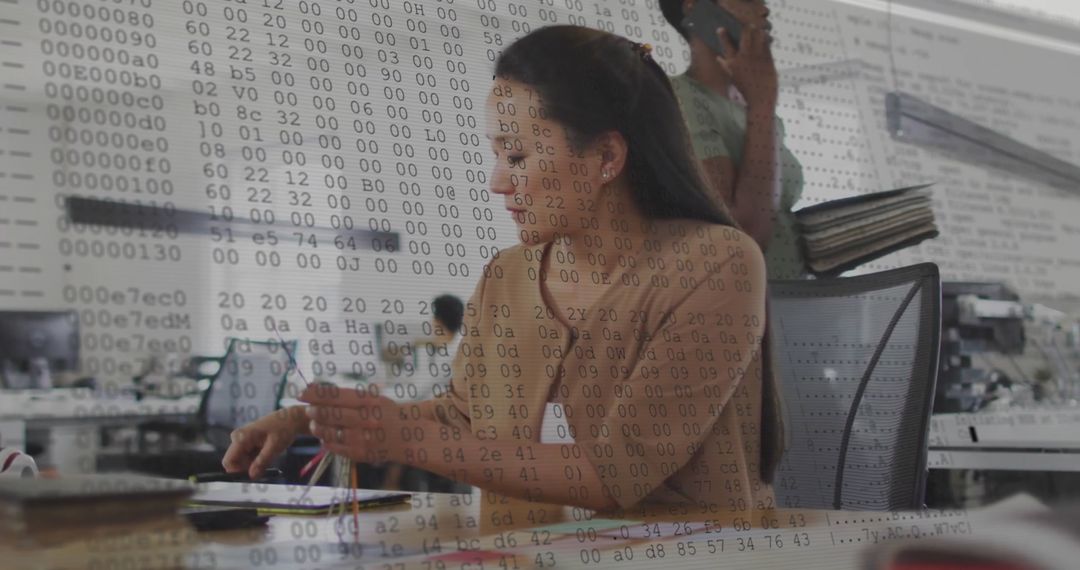 Biracial Businesswoman Analyzing Data in High-Tech Office Environment