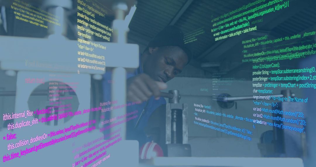 Machinist Operating Metal Press with Digital Code Overlay