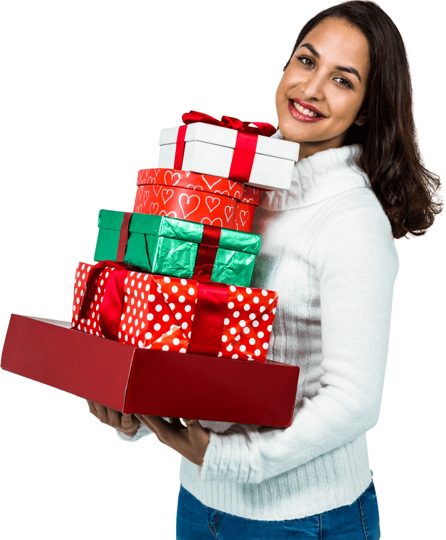 Festive Woman Smiling with Gift Boxes in Arms Transparent Background