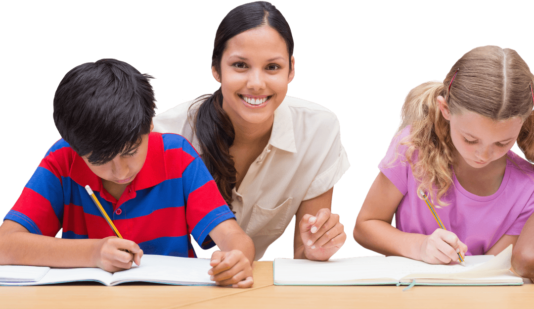 Transparent Image Teacher Helping Elementary Students Studying Together