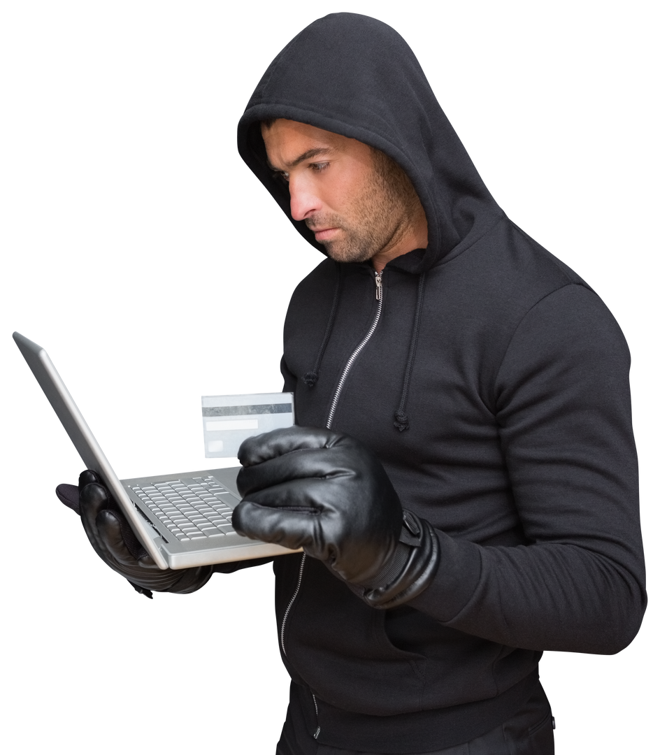 Caucasian Male Hacker Wearing Hoodie and Using Laptop on Transparent Background - Download Free Stock Images Pikwizard.com