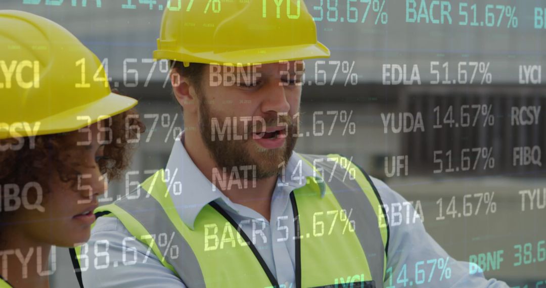 Architects Discussing Construction Plans with Digital Data Overlay