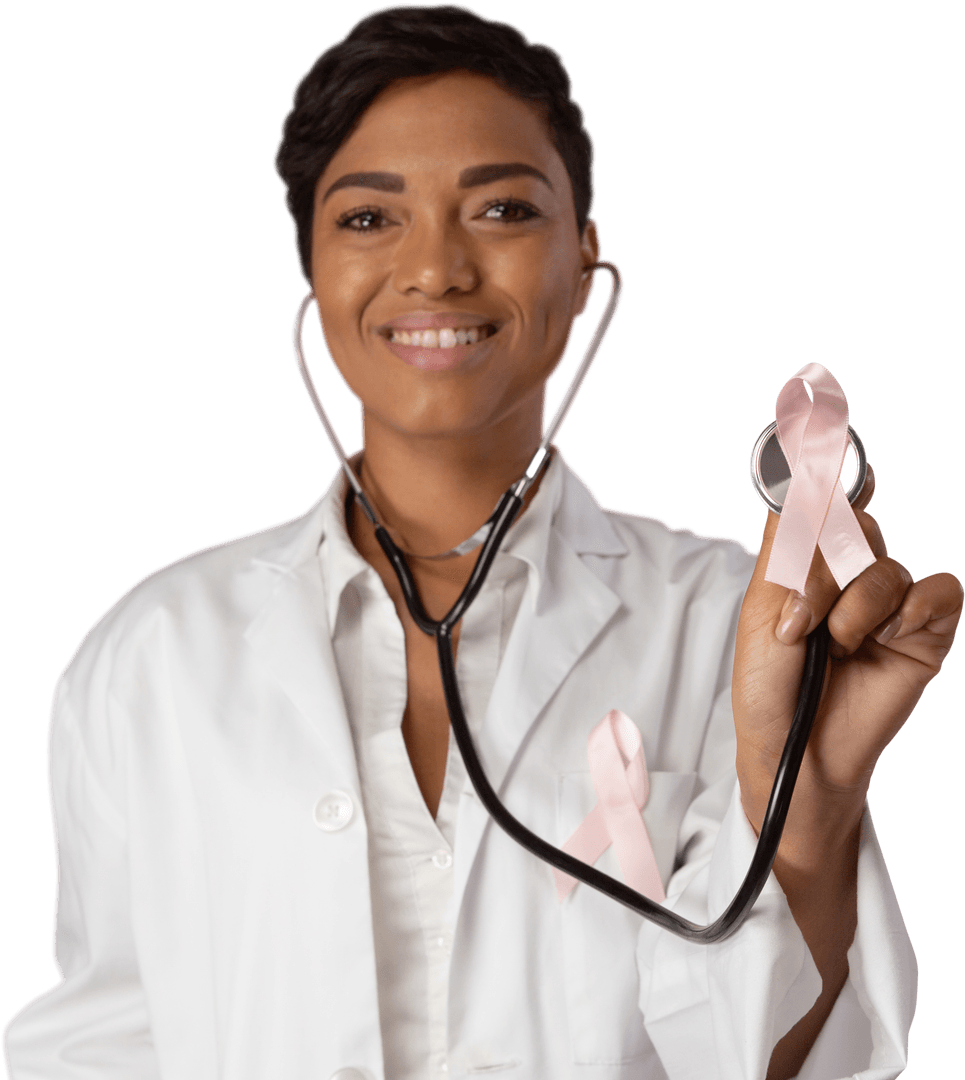 Smiling Female Doctor Wearing Stethoscope Holding Pink Ribbon
