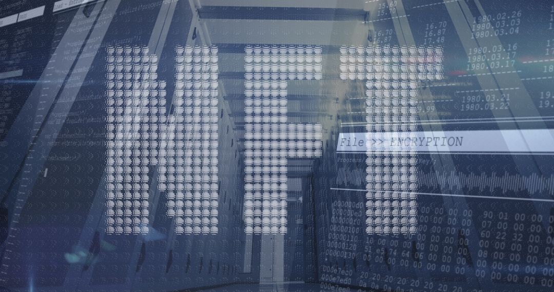 NFT Text Overlaying Computer Servers with Cryptocurrency Theme