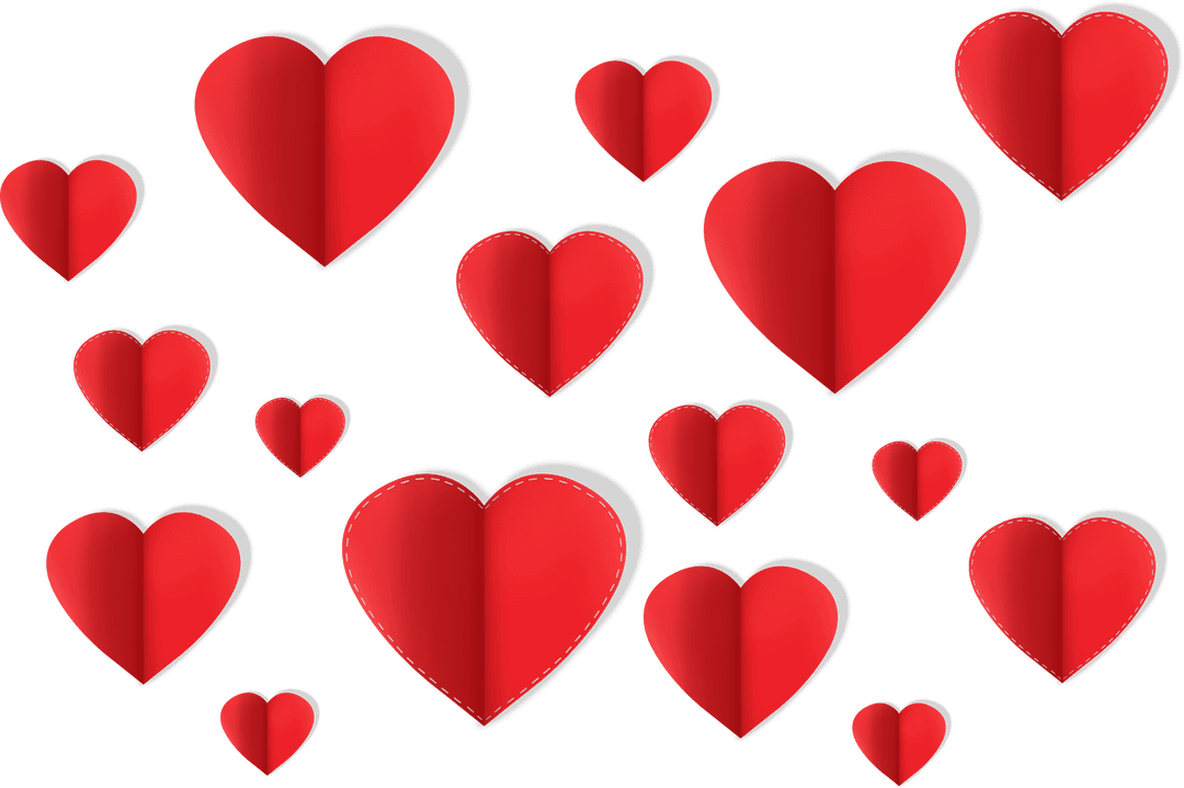 Floating Red Paper Hearts on Transparent Background for Love Themes