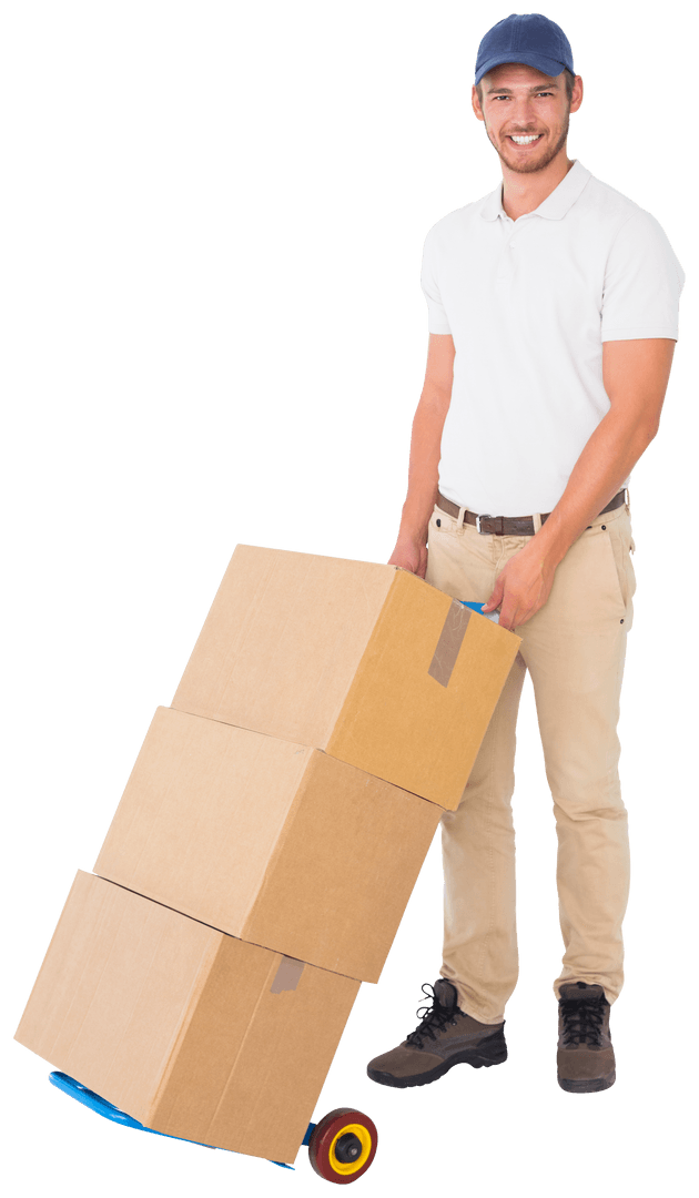 Transparent Smiling Delivery Man with Boxes on Trolley
