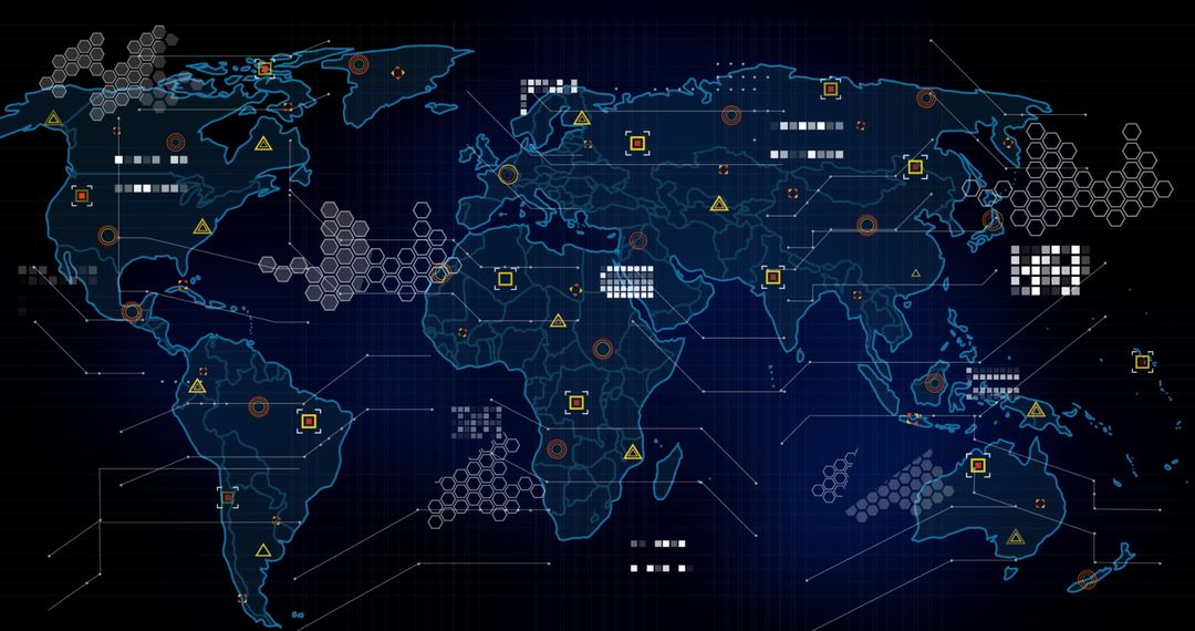 Digital World Map with Data Connections and Processing Symbols