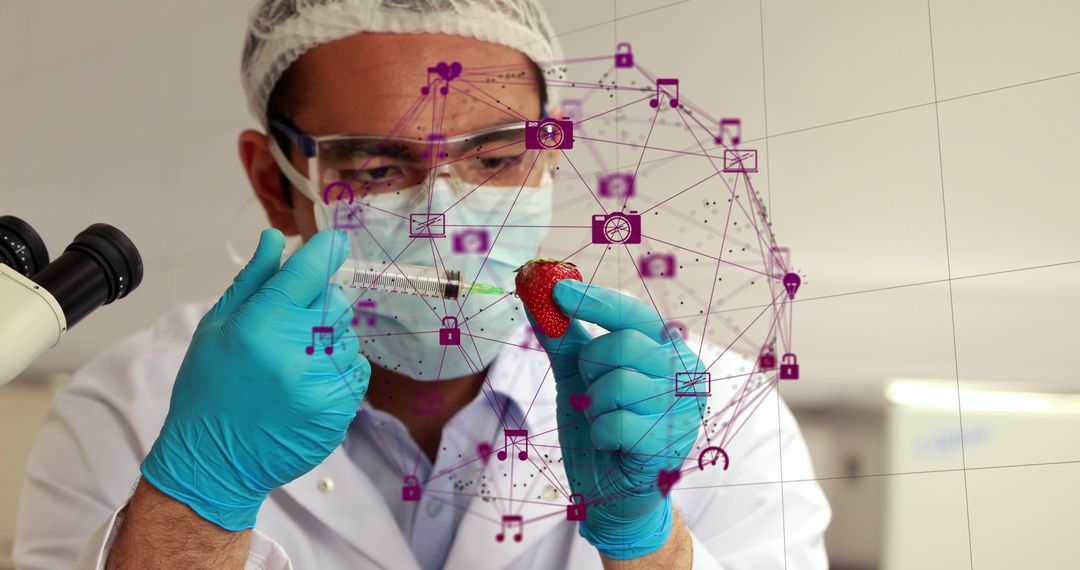 Scientist Analyzing Strawberry with Digital Data Overlay in Laboratory - Free Images, Stock Photos and Pictures on Pikwizard.com