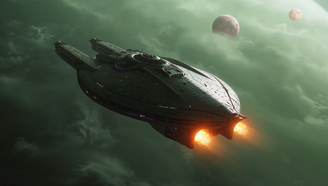 Futuristic Starship Gliding Through Green Atmosphere With Glowing Thrusters and Twin Moons