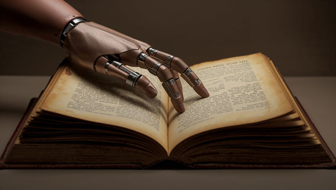 Robotic Hand Engages with Antique Book in Modern Study