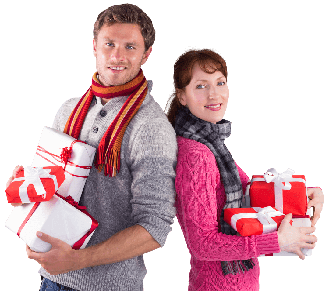 Happy Couple Holding Multiple Christmas Gifts on Transparent Background