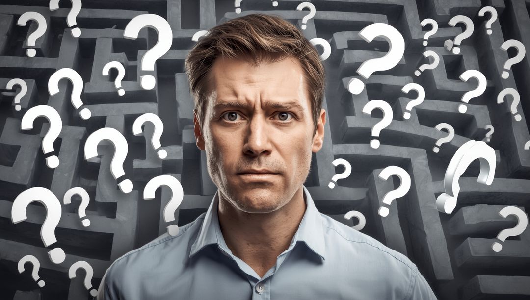 Perplexed Man Facing 3D Maze with Floating Question Marks