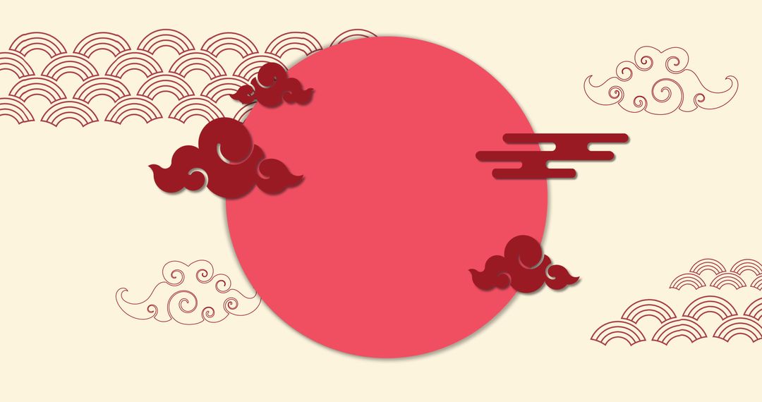 Abstract Chinese Art with Red Circle and Clouds