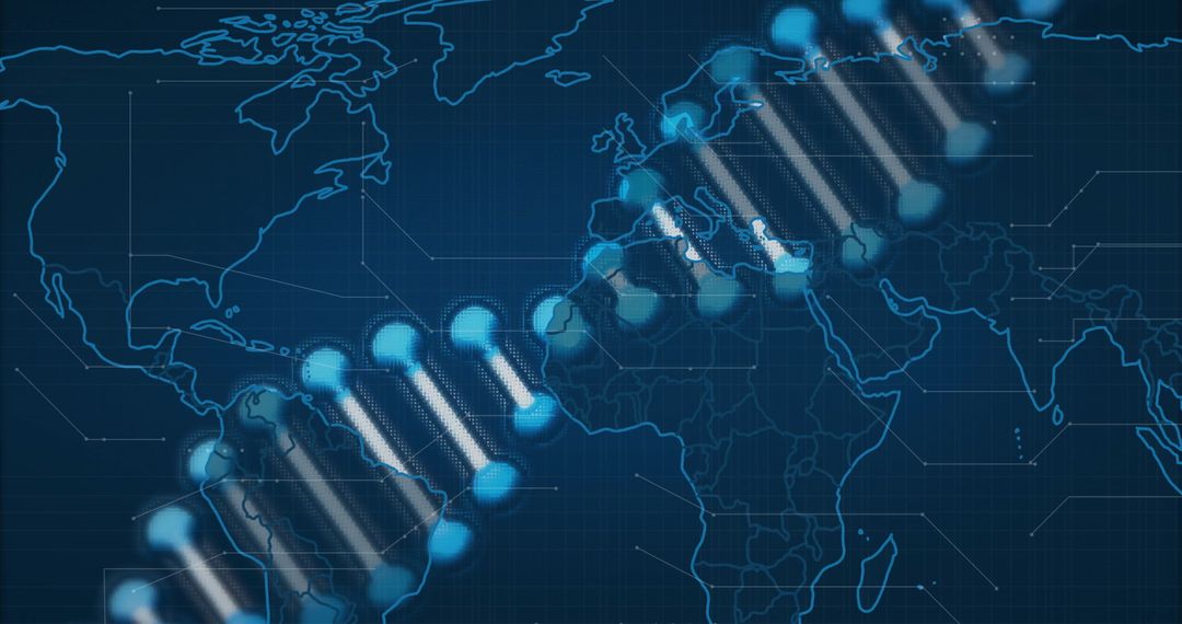 DNA Strand Overlay on Digital World Map Signifying Global Connections