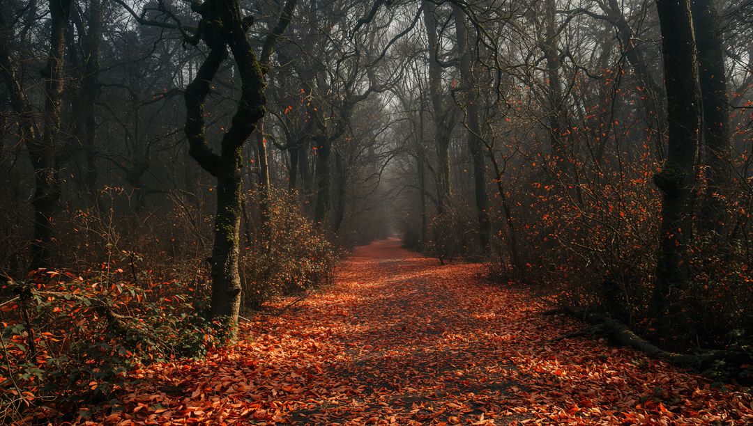 Misty Autumn Trail with Vibrant Fallen Leaves