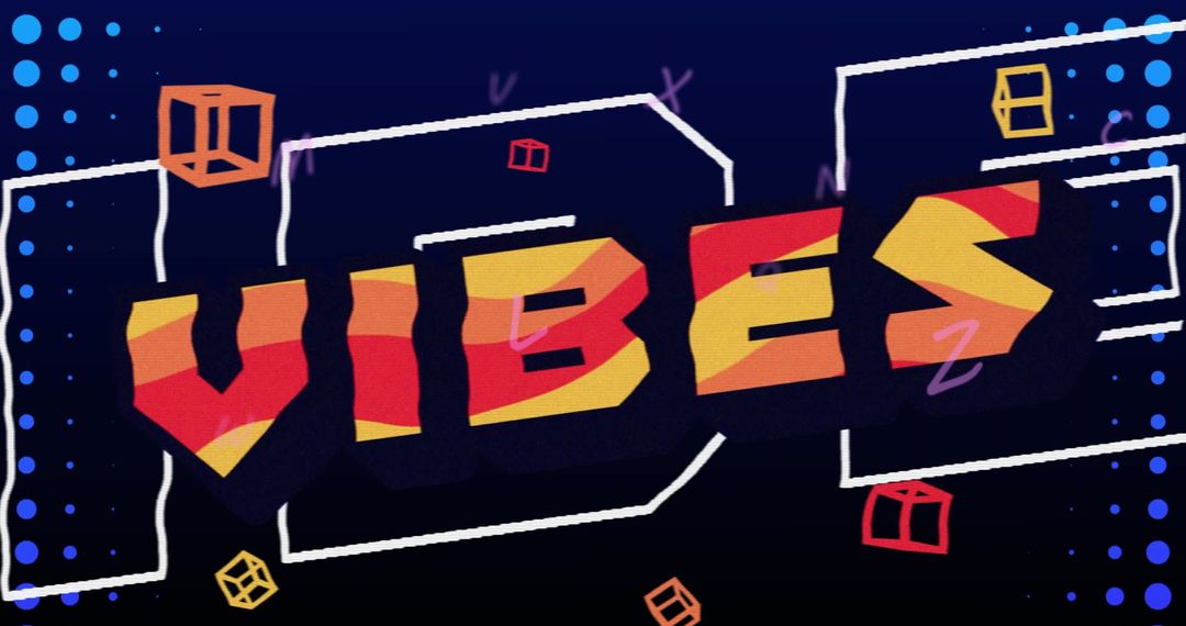 Colorful Vibes Text with Geometric Shapes on Dark Background