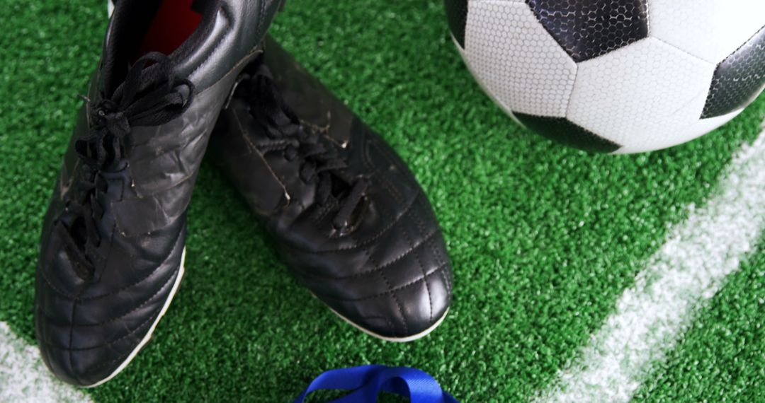 Soccer Cleats and Ball on Green Turf with Blue Medal Ribbon - Free Images, Stock Photos and Pictures on Pikwizard.com