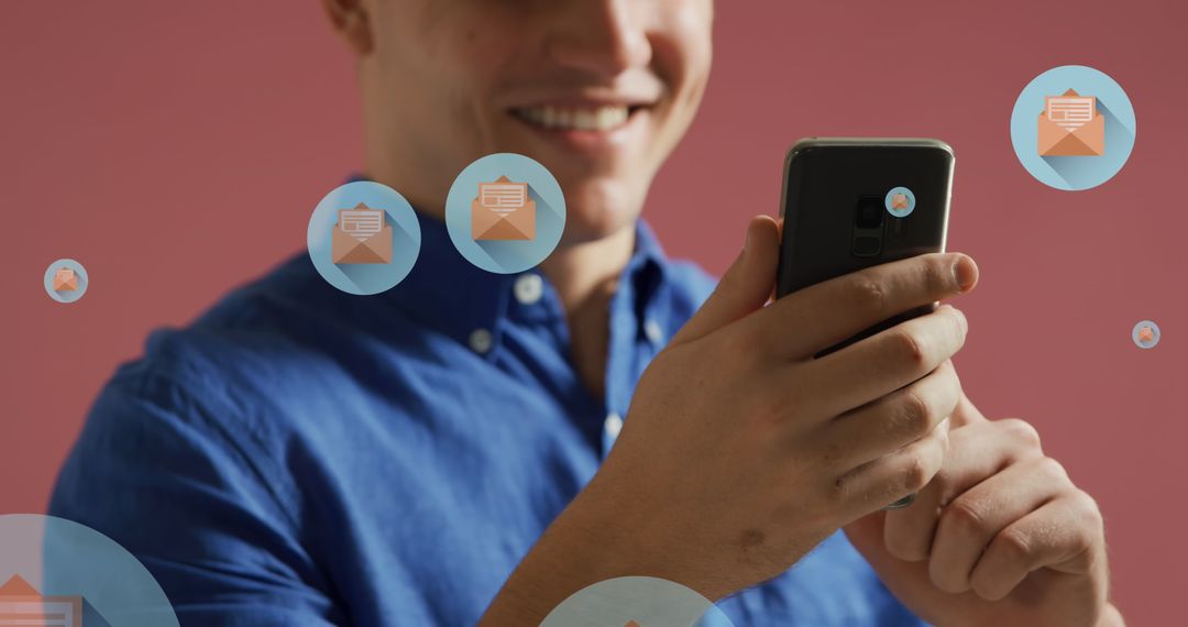 Smiling Man Using Smartphone with Digital Email Overlays