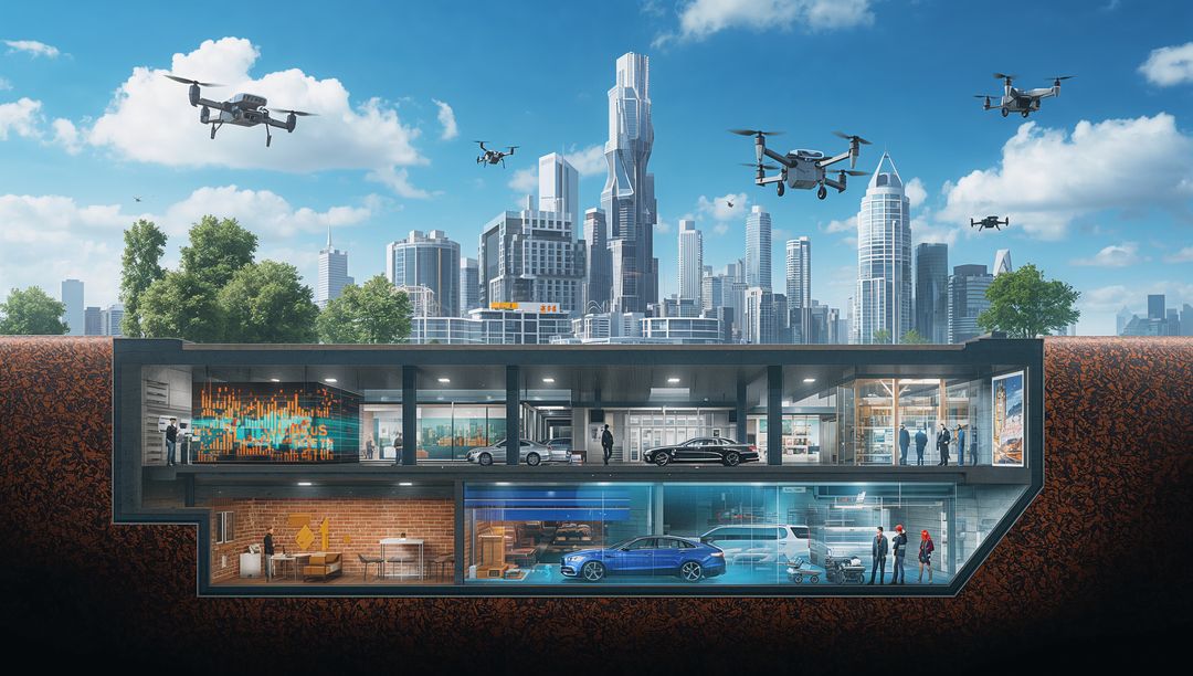 Innovative Underground Vehicle Facility Landscape with Drones Overhead