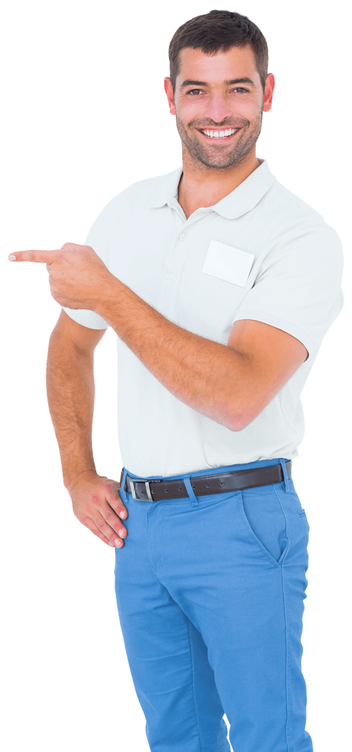 Cheerful Man Pointing with Open Smile on Transparent Background