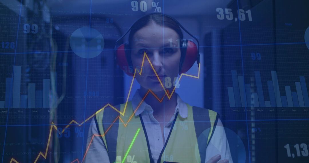 Technician Analyzing Server Data with Futuristic Overlays