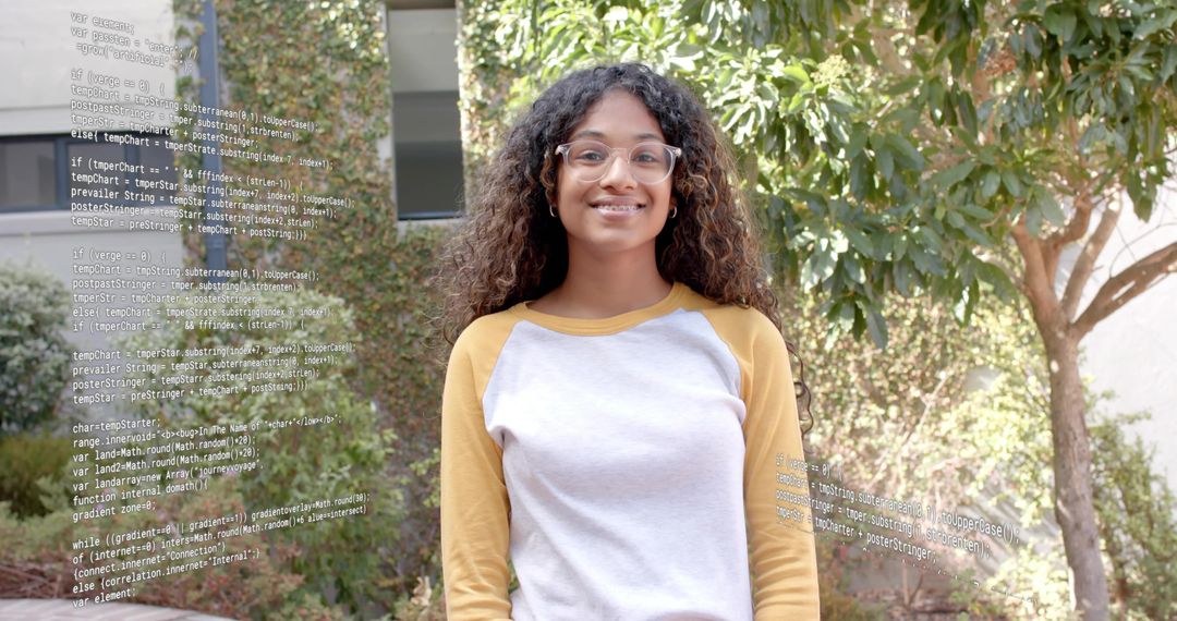 Teen Girl Smiling and Coding Outdoors with Transparent Glasses and Digital Code Overlay