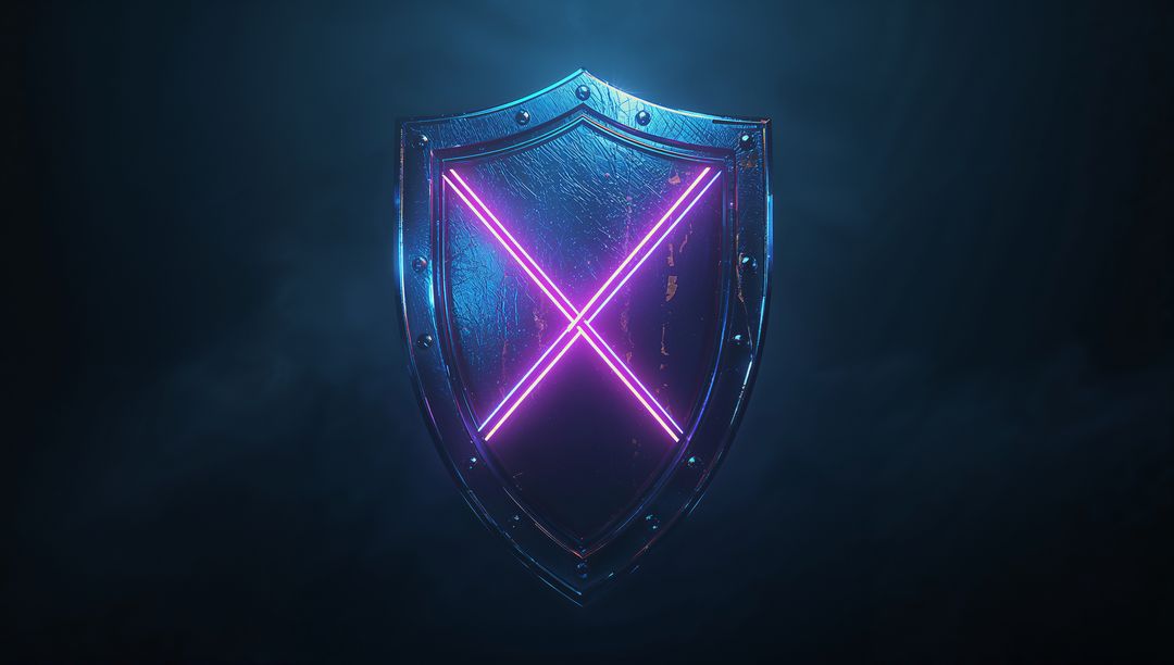 Metallic Shield with Neon Magenta X in Dark Futuristic Style