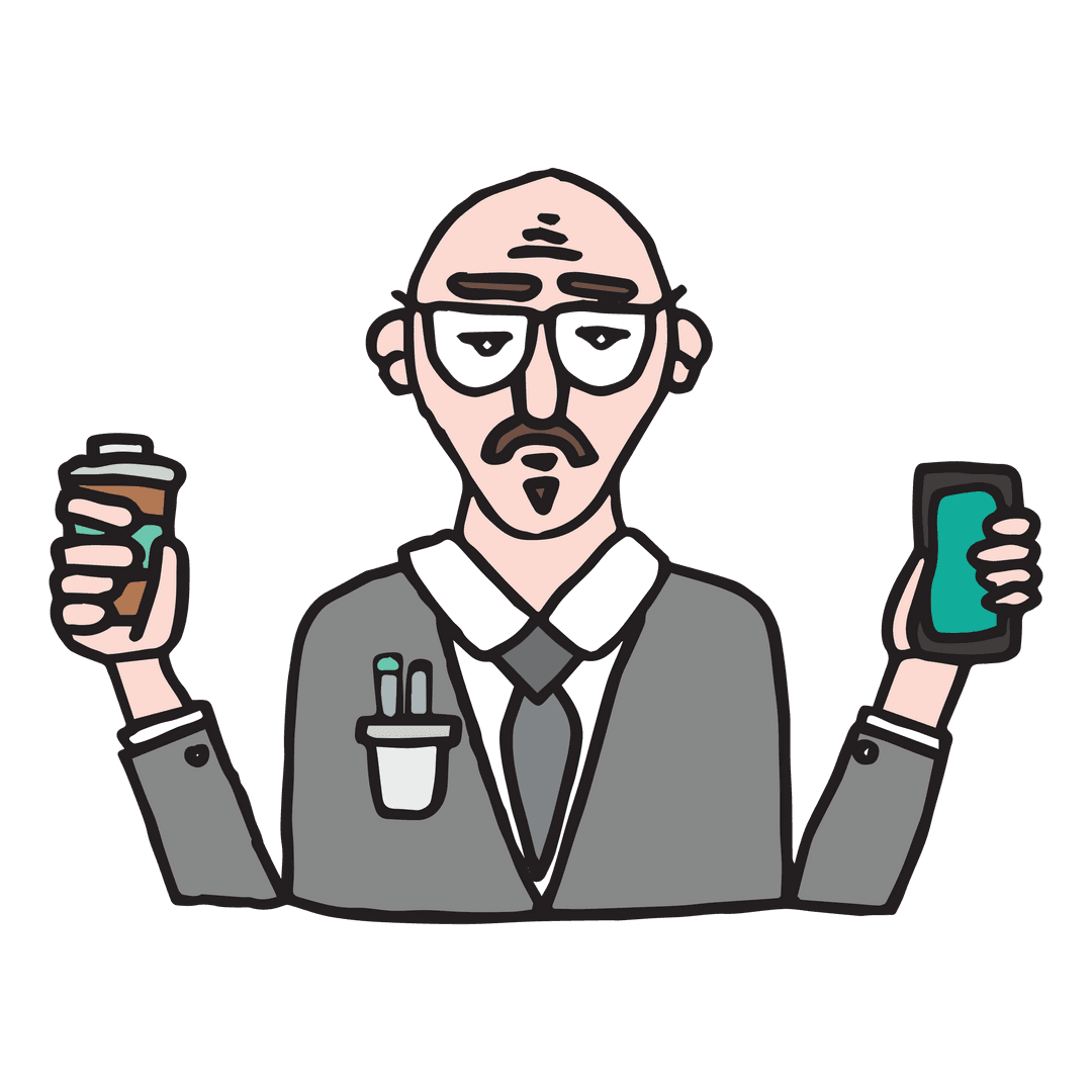 Cartoon Serious Man with Coffee and Smartphone on Transparent Background