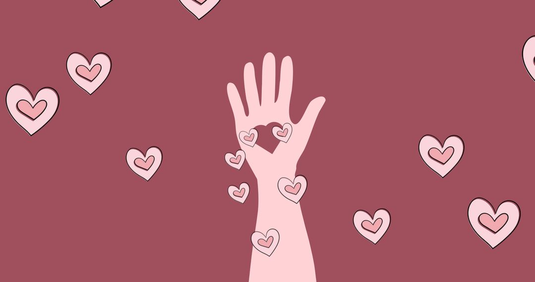 Hand Reaching Out Surrounded by Pink Hearts on Rose Background