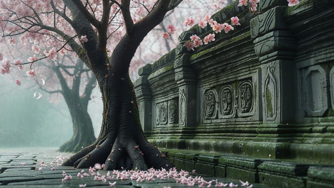 Serene Courtyard with Cherry Blossoms and Ancient Carved Wall
