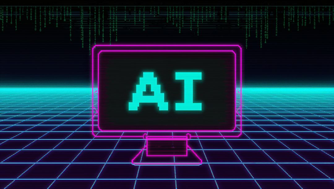 Neon Wireframe Monitor Glowing on Cyber Grid Displaying Pixelated AI Text