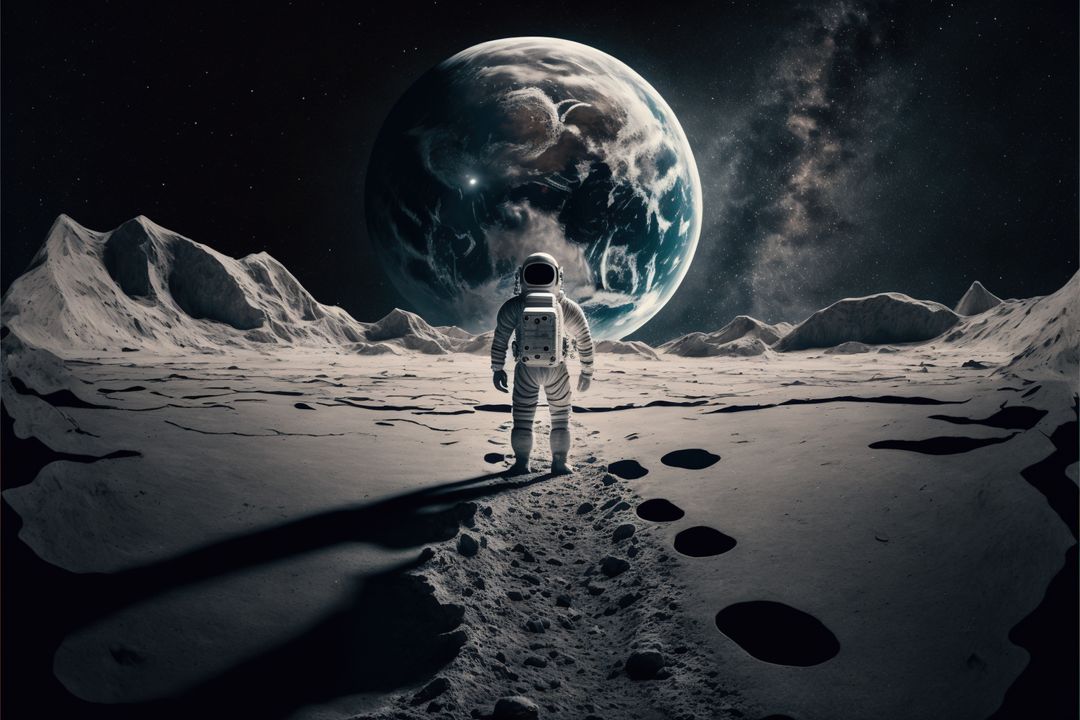 Astronaut Standing on Moon Surface with Earth in Background - Free Images, Stock Photos and Pictures on Pikwizard.com