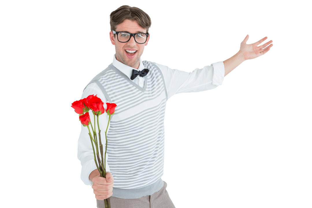 Transparent Geeky Hipster Offering Roses with Joyful Smile