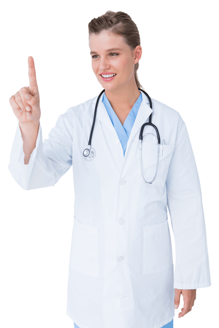 Transparent Medical Professional Pointing Up in White Coat