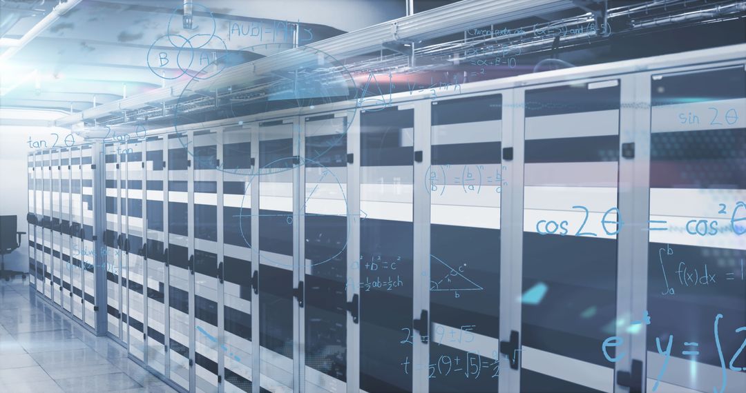 Futuristic Server Room with Digital Overlays and Data Connectivity