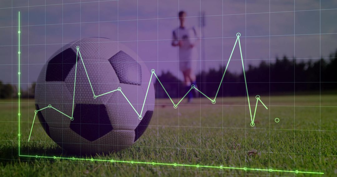 Soccer Ball on Field with Data Analytics Overlay Indicating Metrics