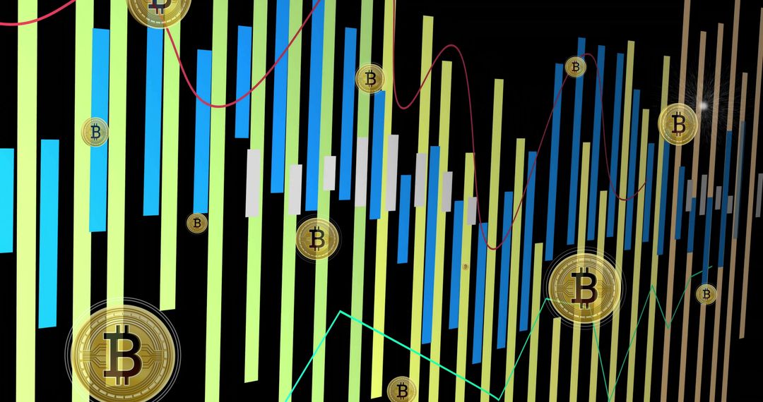Bitcoin Market Analysis Graphic Featuring Gold Coins, Candlestick Bars and Trend Lines