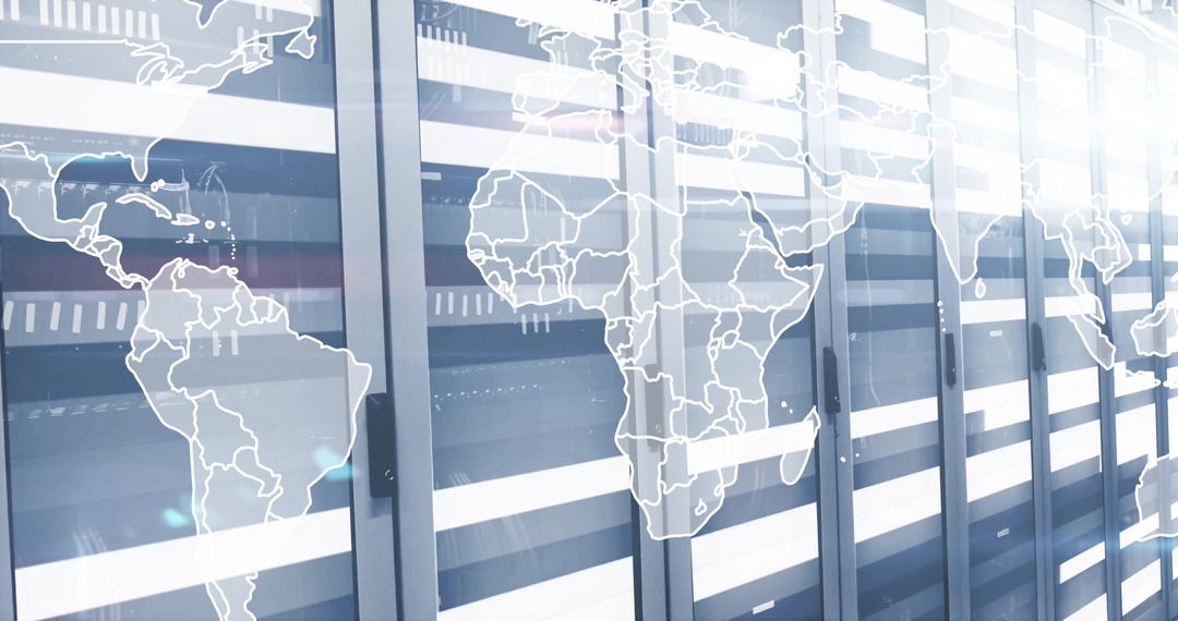 World Map Overlay on Data Center Servers Indicating Global Connectivity