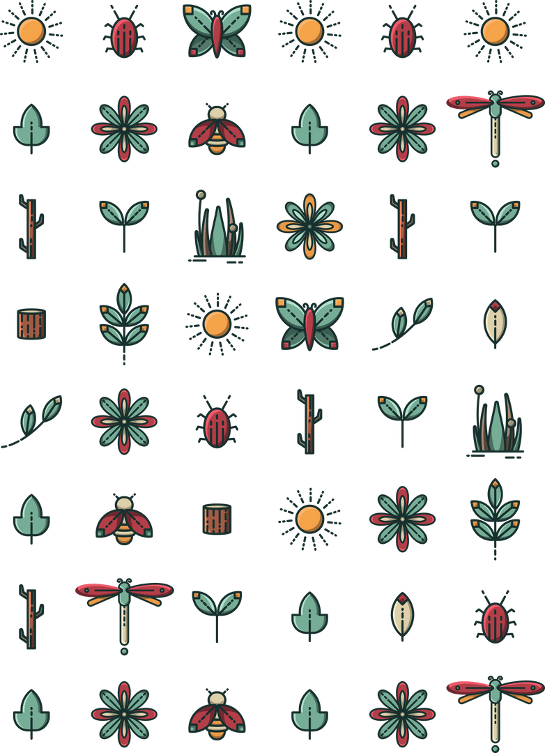 Colorful Insect and Nature Icons Set on Transparent Background