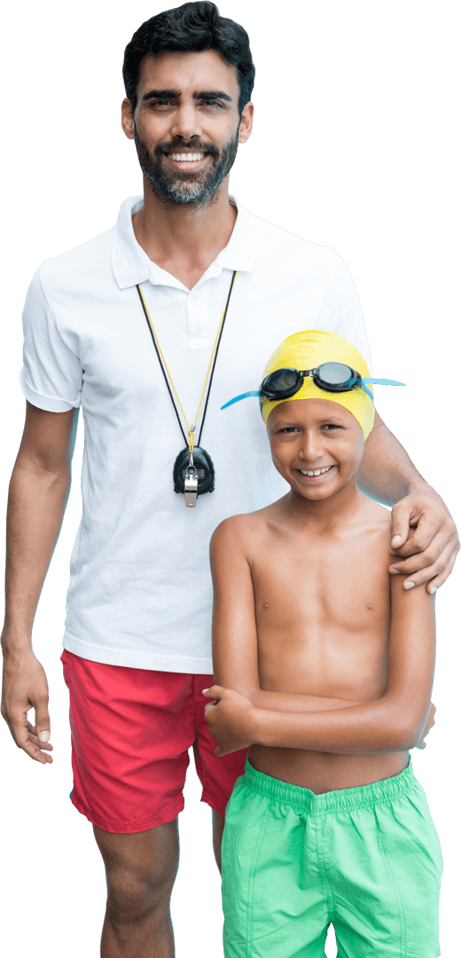 Transparent Background Swimming Coach with Young Boy Smiling