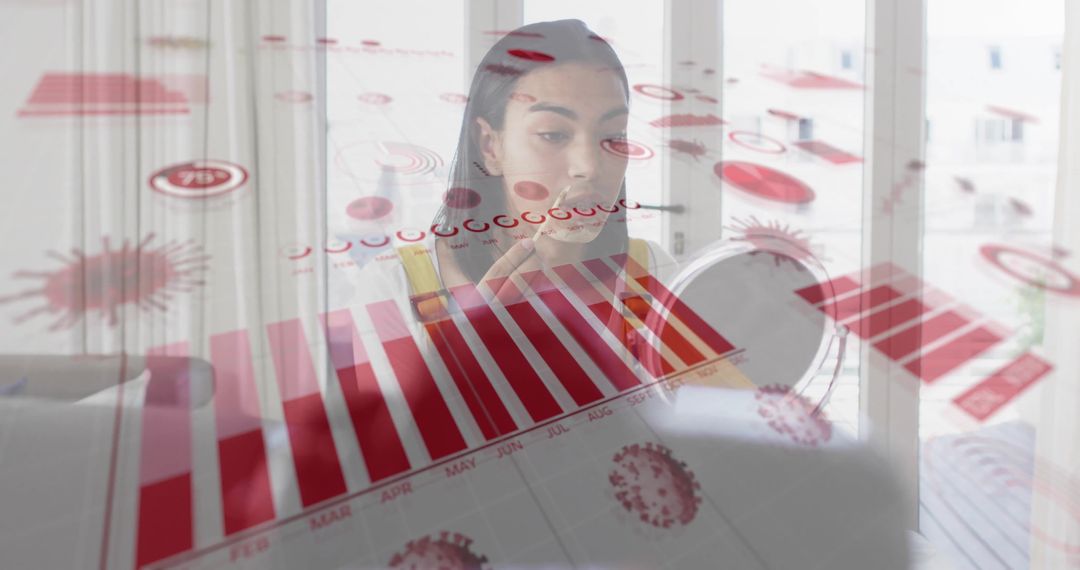 Woman Engaging in Skincare Routine with Digital Data Visualization
