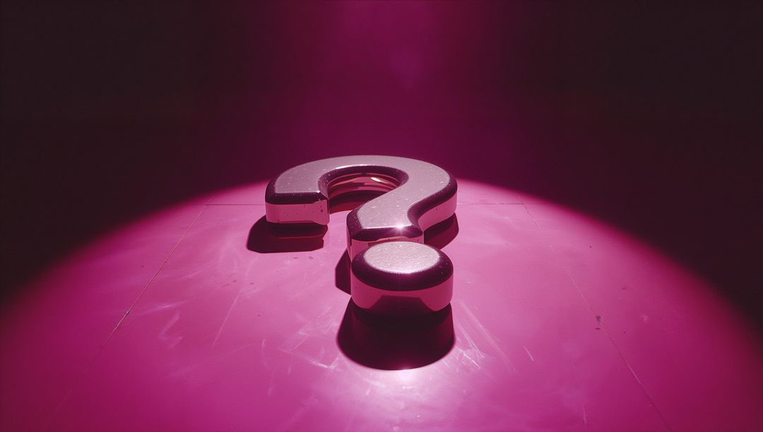 Metallic 3D Question Mark on Glossy Pink Floor with Spotlight Effect